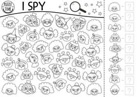 Circus black and white I spy game for kids. Searching and counting line activity with funny clown faces Amusement street show printable coloring page. Simple festival spotting puzzle vector