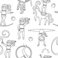 Vector black and white seamless pattern with gymnast girls with hoop, horse, ribbon. Line repeat background with cute funny acrobat. Circus or sport artist digital paper or coloring page