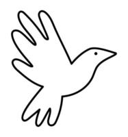 Black and white vector flying dove with spread wings. Romantic bird illustration. Love and piece concept or Valentine day character for kids or coloring page