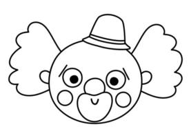 cara de payaso vectorial en blanco y negro. artista de circo avatar contorno clipart. icono de línea de vacaciones de diversión. linda y divertida imagen prediseñada del personaje del festival. espectáculo callejero comediante ilustración o página para colorear vector