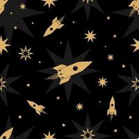 Cute seamless pattern with rockets, hearts, stars on the black background. Vector illustration for valentine, wedding, ufo day, cosmonauts day.