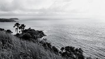 Beautiful Promthep cape with grass field and palm or coconut trees with sky and clouds background in black and white tone. Beauty in nature, Landmarks south of Thailand for tourists travel to visit. photo