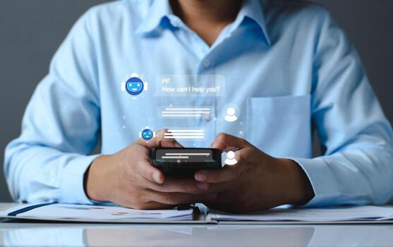 AI Chatbot intelligent digital customer service application concept, computer mobile application uses artificial intelligence chatbots automatically respond online messages to help customers instantly photo