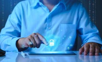 Network security system. Personal Data information on Tablet. Information and cyber security Technology Services. Internet Technology. Digital data protection. Cyber Padlock security application. photo