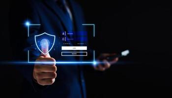 cyber security concept. user privacy security and encryption, secure internet access Future technology and cybernetics, screen padlock, biotic login technology fingerprint scanning. privacy protection photo