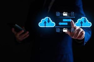 Businessman using cloud technology connect business data. Cloud computing concept idea show on hand. Internet Cloud technology. Digital Data storage. Network and internet service for business concept. photo