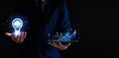 Businessman using cloud technology connect business data. Cloud computing. Internet Cloud technology Data storage, analysis profitability of working companies with digital augmented reality graphics. photo