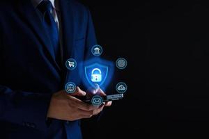 Network security system. Personal Data information on Tablet. Information and cyber security Technology Services. Internet Technology. Digital data protection. Cyber Padlock security application. photo