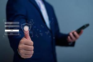cyber security concept. user privacy security and encryption, secure internet access Future technology and cybernetics, screen padlock, biotic login technology fingerprint scanning. privacy protection photo