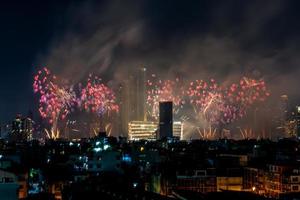 fireworks on the river in the dark sky, happy new year 2023, Thailand. photo