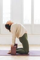 Attractive middle aged brunette woman in sportswear ptactice yoga with equipment in light studio photo