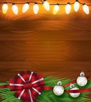 Christmas Holiday Lights Ribbon and Ornaments on Wood Background Illustration vector