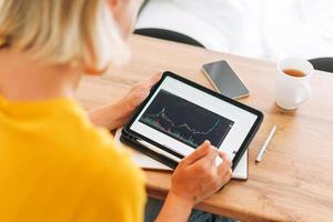 Young blonde woman in yellow t-shirt studies cryptocurrency charts and stock quotes on digital tablet with cup of tea in kitchen at home photo