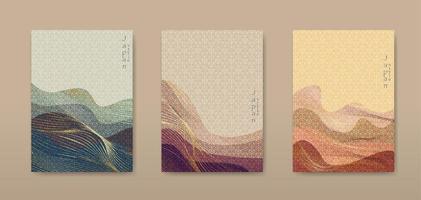 Japanese landscape background set cards, old line wave pattern vector illustration. Vintage luxury Abstract template geometric wavy texture. Mountain layout design in oriental style, vertical brochure