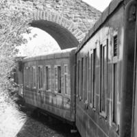 shimla, himachal pradesh, india - 14 de mayo de 2022 - tren de juguete ruta kalka-shimla, moviéndose en ferrocarril a la colina, tren de juguete de kalka a shimla en india entre bosques naturales verdes foto