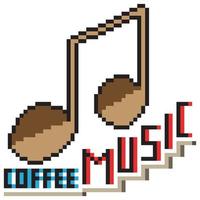 Pixel art musical note with coffee music lettering. Vector illustration