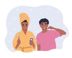 los niños afroamericanos cuidan sus dientes y su cavidad oral. día mundial de la salud bucodental. ilustración plana vectorial vector