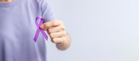 purple ribbon for cancer day, lupus, Pancreatic, Esophageal, Testicular cancer, world Alzheimer, epilepsy, Sarcoidosis, Fibromyalgia and domestic violence Awareness month concepts photo