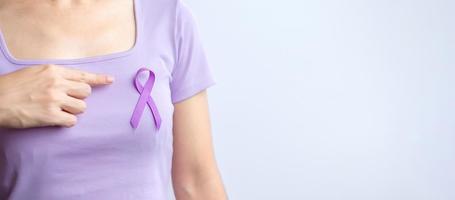 purple ribbon for cancer day, lupus, Pancreatic, Esophageal, Testicular cancer, world Alzheimer, epilepsy, Sarcoidosis, Fibromyalgia and domestic violence Awareness month concepts photo