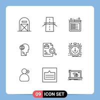 Mobile Interface Outline Set of 9 Pictograms of mind globe grid business tab Editable Vector Design Elements