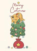 cute happy naughty oragne ginger kitten cat  hanging on Christmas decorated pine tree, merry catmas, cartoon animal character hand drawing doodle vector idea for greeting card