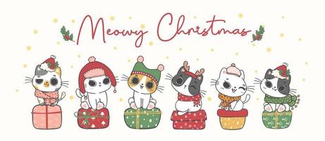 group of variety breeds of cute kitten cat Christmas on sit gift boxes, Meowy Christmas, adorable joyful cartoon animal hand drawing vector
