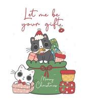 cute naughty kitten cats in Santa Red bag with gift boxes, meowy christmas, adopt me, cartoon animal character hand drawing doodle vector idea for greeting card