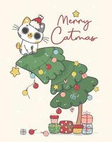 cute funny naughty calico bobtail kitten cat  hanging on Christmas decorated pine tree, merry catmas, cartoon animal character hand drawing doodle vector idea for greeting card