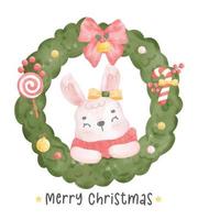 cute pink bunny rabbit wear scarf in Christmas wreath frame cartoon character watercolour illustration vector