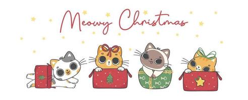 grupo de razas variadas de lindo gatito travieso gato navidad en caja de regalo, navidad miau, adorable animal de dibujos animados alegre vector de dibujo a mano