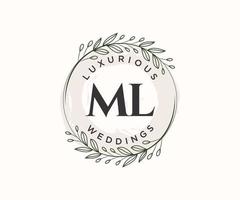 ml plantilla de logotipos de monograma de boda con letras iniciales, plantillas florales y minimalistas modernas dibujadas a mano para tarjetas de invitación, guardar la fecha, identidad elegante. vector