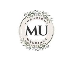 MU Initials letter Wedding monogram logos template, hand drawn modern minimalistic and floral templates for Invitation cards, Save the Date, elegant identity. vector