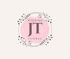 plantilla de logotipos de monograma de boda con letras iniciales jt, plantillas florales y minimalistas modernas dibujadas a mano para tarjetas de invitación, guardar la fecha, identidad elegante. vector