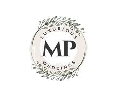 plantilla de logotipos de monograma de boda con letras iniciales de mp, plantillas florales y minimalistas modernas dibujadas a mano para tarjetas de invitación, guardar la fecha, identidad elegante. vector