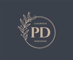 plantilla de logotipos de monograma de boda con letras iniciales pd, plantillas florales y minimalistas modernas dibujadas a mano para tarjetas de invitación, guardar la fecha, identidad elegante. vector