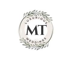 plantilla de logotipos de monograma de boda con letras iniciales mt, plantillas florales y minimalistas modernas dibujadas a mano para tarjetas de invitación, guardar la fecha, identidad elegante. vector