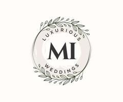 plantilla de logotipos de monograma de boda con letras iniciales mi, plantillas florales y minimalistas modernas dibujadas a mano para tarjetas de invitación, guardar la fecha, identidad elegante. vector