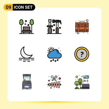 paquete de interfaz de usuario de 9 colores planos básicos de línea rellena de herramientas de nube luna elementos de diseño vectorial editables de maleta antiniebla vector