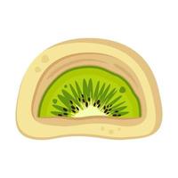 Yellow Mochi with kiwi fruit. Japanese cakes made from rice flour. Vector flat drawn illustration for restaurant dishes, menu, poster, flyer, banner, dessert, cooking concept