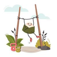 Japanese food onigiri. Asian dish. Cartoon character plays sports, hanging from chopsticks. Doodle drawn vector illustration for menu, poster, flyer, banner, cooking concept