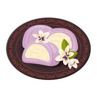 Japanese cakes made from rice flour with sakura flowers. Whole and half Mochi on porcelain plate. Asian dessert. Vector flat drawn illustration for restaurant dishes, menu, delivery, cooking concept