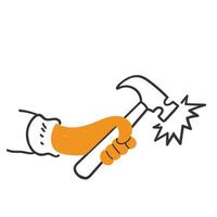 persona de garabato dibujada a mano sosteniendo y golpeando con una ilustración de martillo vector