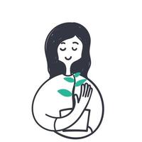 hand drawn doodle woman holding a plant in a pot illustration vector