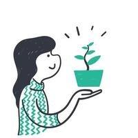 dibujado a mano doodle mujer sosteniendo una planta en una maceta ilustración vector
