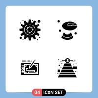 Pack of 4 Modern Solid Glyphs Signs and Symbols for Web Print Media such as gear layout melon tablet fundraising Editable Vector Design Elements