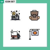 Filledline Flat Color Pack of 4 Universal Symbols of currency package delivery media back bag stand Editable Vector Design Elements
