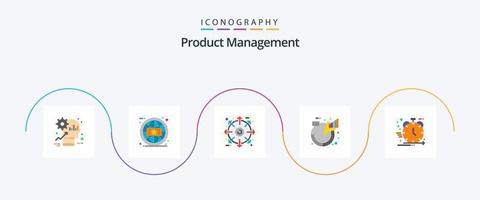 paquete de iconos flat 5 de gestión de productos que incluye el producto. descripciones en línea. analítico. producto vector