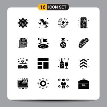 Modern Set of 16 Solid Glyphs Pictograph of file bill ecology route mobile Editable Vector Design Elements