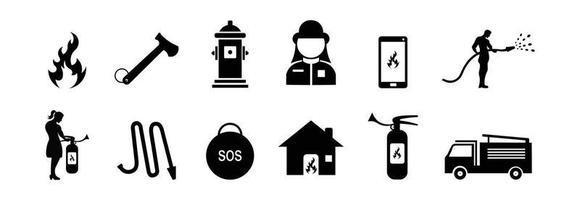 conjunto de iconos de bombero, signo o símbolo del departamento de bomberos, ilustración vectorial sobre fondo blanco y negro. vector