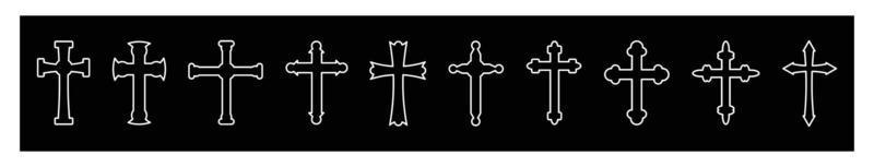 conjunto de iconos cruz cristiana vector símbolo plano y estilo de contorno. cruz como símbolo de pascua, fe, muerte y resurrección en el fondo negro